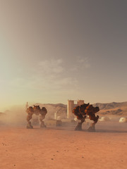 Giant Battle Robots Guarding a Martian Colony - science fiction illustration