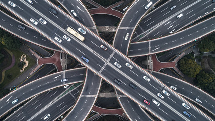 Aerial view of highway and overpass in Shanghai city on a cloudy day