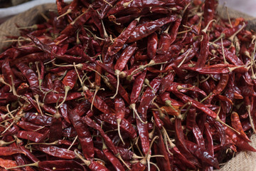Fototapeta premium Dried red chillies in a sack, Ason Tol, Kathmandu, Nepal