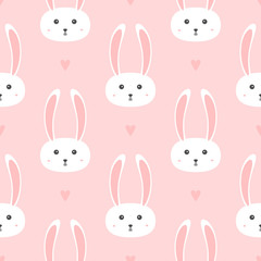 Repeated hearts and heads of little rabbits. Seamless pattern for girls.