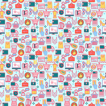  background with colorful shopping icons, retail.