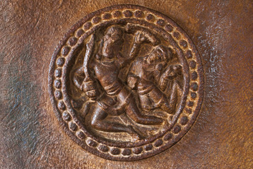 Mithuna couple carved on the pillars of the entrance porch of Durga temple, Aihole, Bagalkot,...