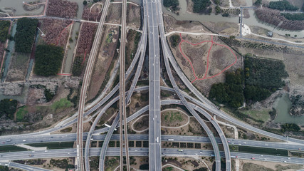 Aerial view of railway, highway and overpass on Luoshan road, Shanghai