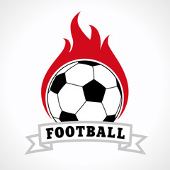 Football logo emblem isolated on white background. Football club badge template with soccer ball on fire and text on ribbon. Vector illustration