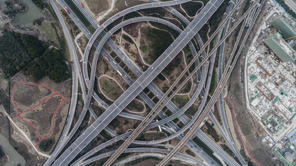 Aerial view of railway, highway and overpass on Luoshan road, Shanghai