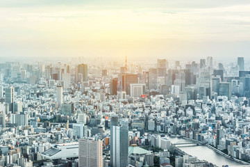 Asia Business concept for real estate and corporate construction - panoramic urban city skyline aerial view under twilight sky and golden sun in tokyo, Japan