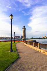 A lighthouse on a river in New York City