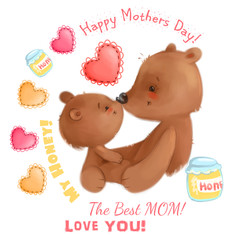 Naklejka premium Cute bears Mother Day theme with details like hearts, honey clipart set