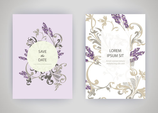 Set of card with flower lavender, leaves. Wedding ornament concept. Floral trendy poster, invite. Vector decorative greeting card or invitation design background