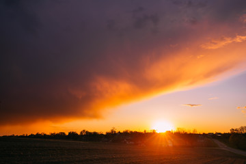 Fototapeta na wymiar Spring Sunset Sunrise Above Belarusian Village In Eastern Europe