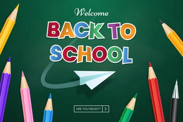 Back to school web banner design. Vector green chalkboard background with scattered color pencils. Colored paper text with flying paper airplane. Use for sale of school goods, event invitation.