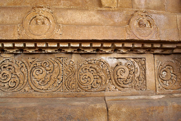 Carvings on the plinth, Durga temple, Aihole, Bagalkot, Karnataka. The Galaganatha Group of temples.