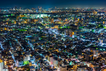 Fototapeta na wymiar Asia Business concept for real estate and corporate construction - panoramic urban city skyline aerial view under twilight sky and neon night in tokyo, Japan
