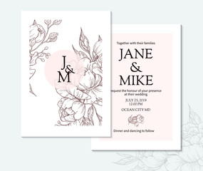 Vintage elegant wedding invitation card template with vector peony and roses.