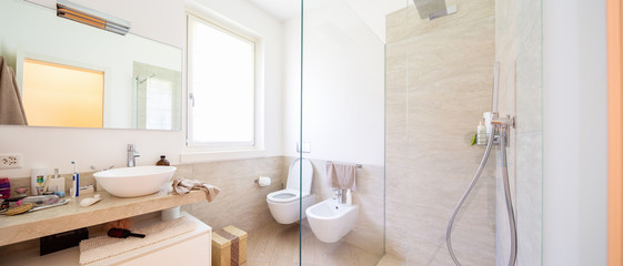 Modern bathroom with wood and marble finishes - obrazy, fototapety, plakaty