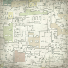 textured old paper background with old twon digital drawing 