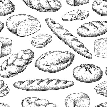 Bread seamless pattern. Vector drawing. Bakery product sketch ba