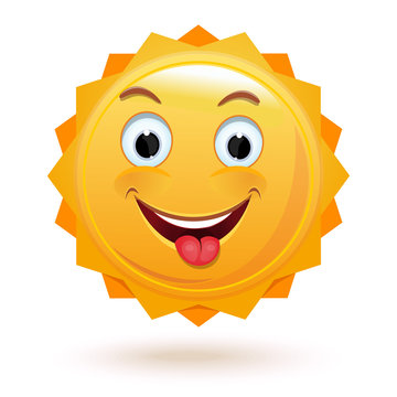 Cheerful anthropomorphic sun. A merry little sunshine shows a tongue. Vector illustration isolated on white background