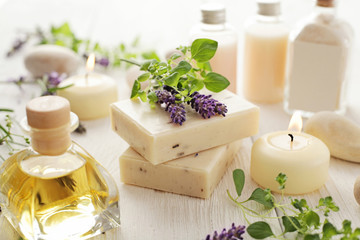 lavender SPA cosmetics: soap, essential oils, aromatherapy candles and flowers - obrazy, fototapety, plakaty