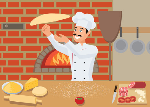 The Cook Prepares Pizza By Spinning The Dough