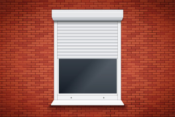 Opened Roller Shutters Window on red brick wall. Protect System Equipment. White color. Vector Illustration isolated on background.