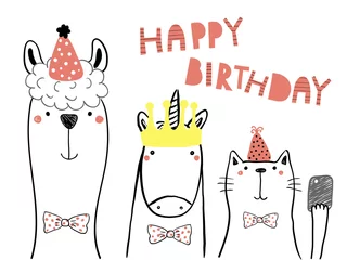 Foto op Canvas Hand getekende verjaardagskaart met leuke grappige lama, eenhoorn, kat in feestmutsen, selfie nemen met een slimme telefoon, offerte. Geïsoleerde objecten. Lijntekening. Vector illustratie. Ontwerpconcept voor kinderen afdrukken. © Maria Skrigan
