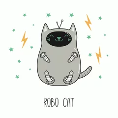 Foto op Canvas Hand getekende vectorillustratie van een kawaii grappige robot kat. Geïsoleerde objecten op een witte achtergrond. Lijntekening. Ontwerpconcept voor kinderen afdrukken. © Maria Skrigan