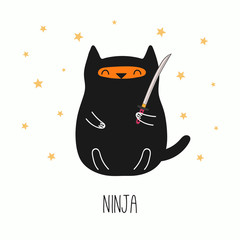 Illustration vectorielle dessinée à la main d& 39 un chat ninja drôle kawaii, tenant une épée katana. Objets isolés sur fond blanc. Dessin au trait. Concept de design pour les enfants imprimés.