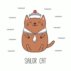 Foto op Canvas Hand getekende vectorillustratie van een kawaii grappige matroos kat in een pet, kraag. Geïsoleerde objecten op een witte achtergrond. Lijntekening. Ontwerpconcept voor kinderen afdrukken. © Maria Skrigan