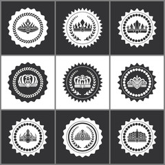 Obraz premium Crowns and Diadems on Round Monochrome Stamps Set