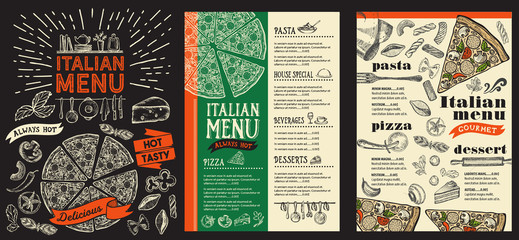Pizza restaurant menu. Vector food flyer for bar and cafe. Design template with vintage hand-drawn illustrations on blackboard background.