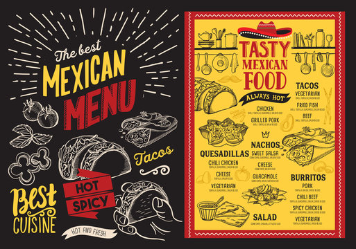 Mexican restaurant menu on blackboard background. Vector food flyer for bar and cafe. Design template with vintage hand-drawn illustrations.