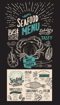 Seafood menu for restaurant. Vector food flyer for bar and cafe. Design template with vintage hand-drawn illustrations on chalkboard background.