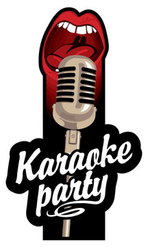 vector sticker for inscription karaoke party with a microphone and a mouth that sings
