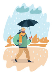 Cute Cartoon Businessman with Umbrella Standing Under the Rain. Big City Silhouette on Background. Vector Illustration