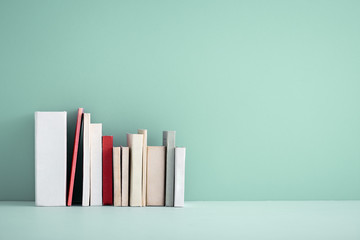 Miniature books on a shelf.