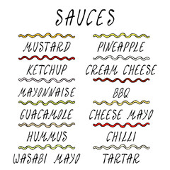Set Strips of Different Sauces. Fast Food Collection. Realistic Hand Drawn High Quality Vector Illustration. Doodle Style.
