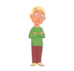 Boy in green looking worried or confused, teenager character hand crossed. Flat vector illustration. Isolated on white background.