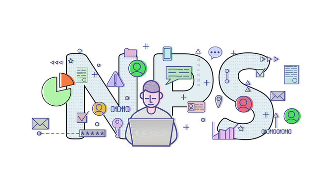 Net Promoter Score, NPS. Concept with computer user, letters and icons. Colored flat vector illustration on white background.