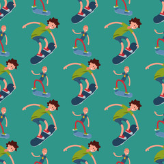 Skateboarder active people seamless pattern background sport extreme active skateboarding urban jumping tricks vector illustration.