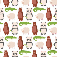 Cartoon bear zoo animals character different sheep crocodile panda pose vector seamless pattern background
