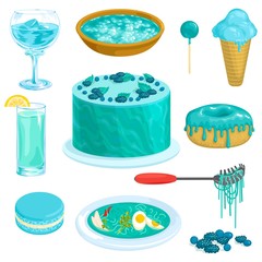 Turquoise vector blue cacke or sweet dessert with blueberry and blur aqua drink illustration greenish-blue set of emerald doughnut and cobalt-blue icecream isolated on white background