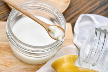 Kefir milk, Close up of hand holding kefir grains, Healthy fermented food, Probiotic nutrition drink for good balance digestive system.
