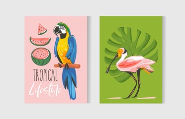 Hand drawn vector abstract graphic cartoon summer time flat illustrations cards template collection set with beach ,sunset,watermelon and tropical birds isolated on white background