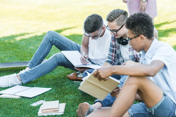 Fototapeta premium multiethnic teenage boys sitting and studying together in park