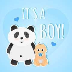 Vector cute blue greeting shower card it's a boy with baby and panda.