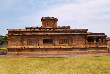 Fototapeta premium View of Lad Khan temple, Aihole, Bagalkot, Karnataka. Kontigudi group of temples. Large windows seen has lattice work done in the northern style.
