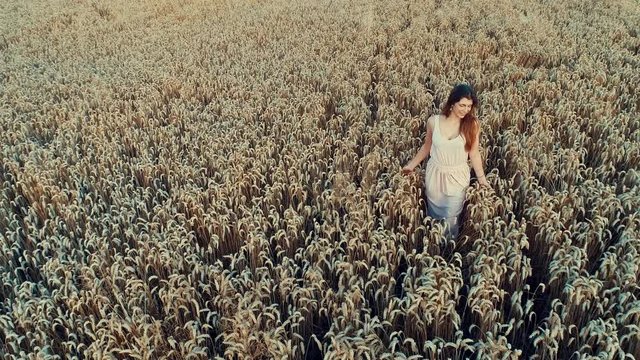 4K footage of beautiful redhead walking through wheat field having fun	