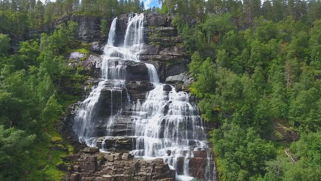 Tvindefossen or Tvinnefossen waterfall near Voss in Norway