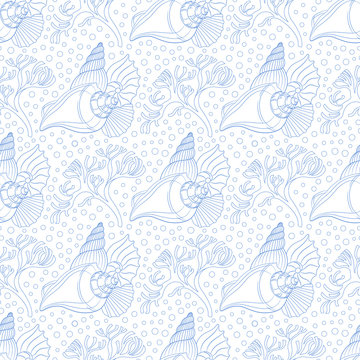 seamless pattern with seashells, algae and water bubbles